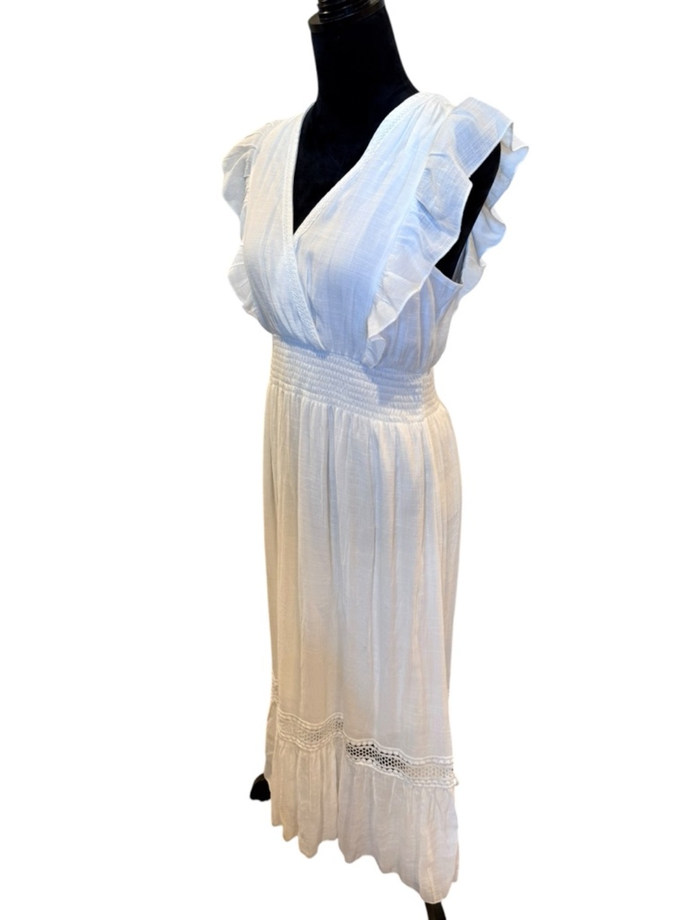 J Gee White Midi Maxi Graduation Dress Smocked Waist Flutter Sleeves Size Large - Picture 4 of 8